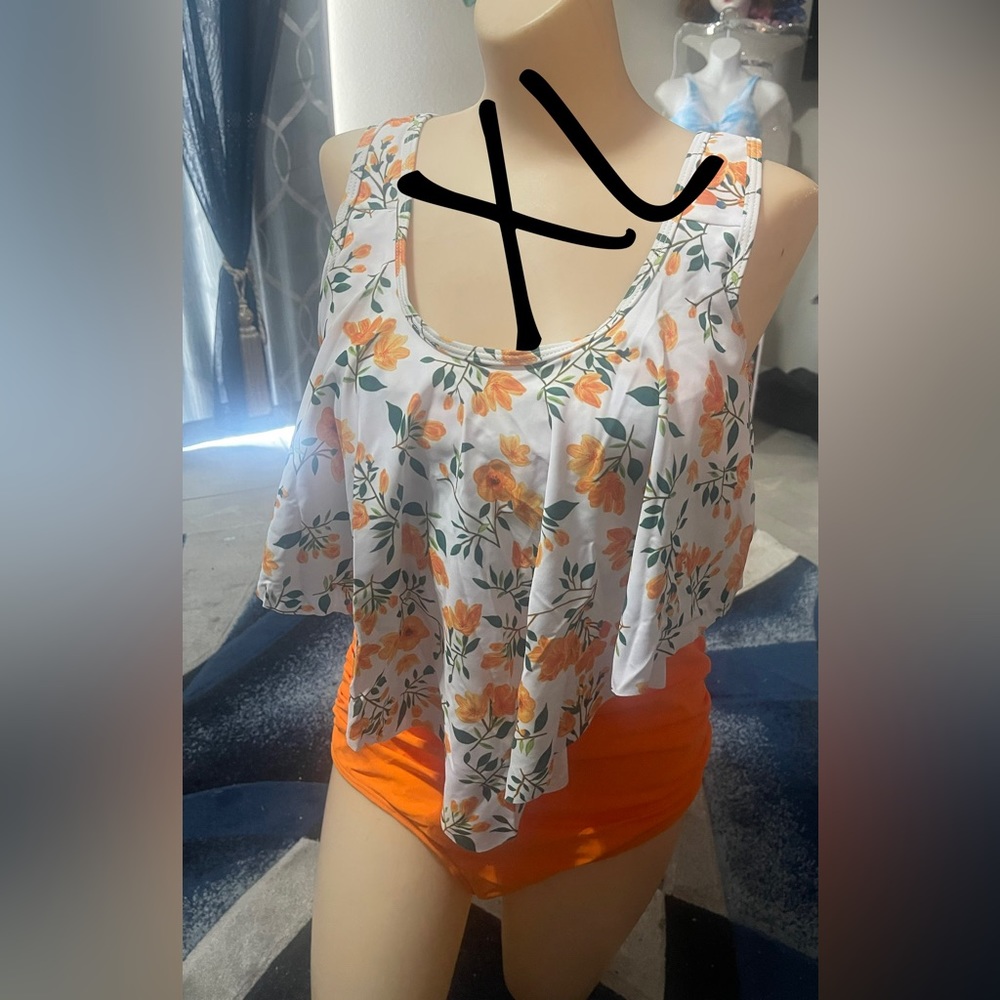 2 Piece Orange flower swimsuit-XL